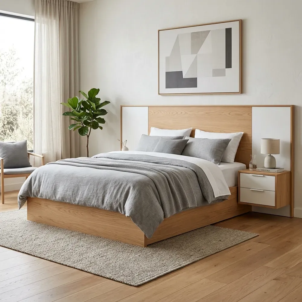 Wooden Mica Bed with Side Stool